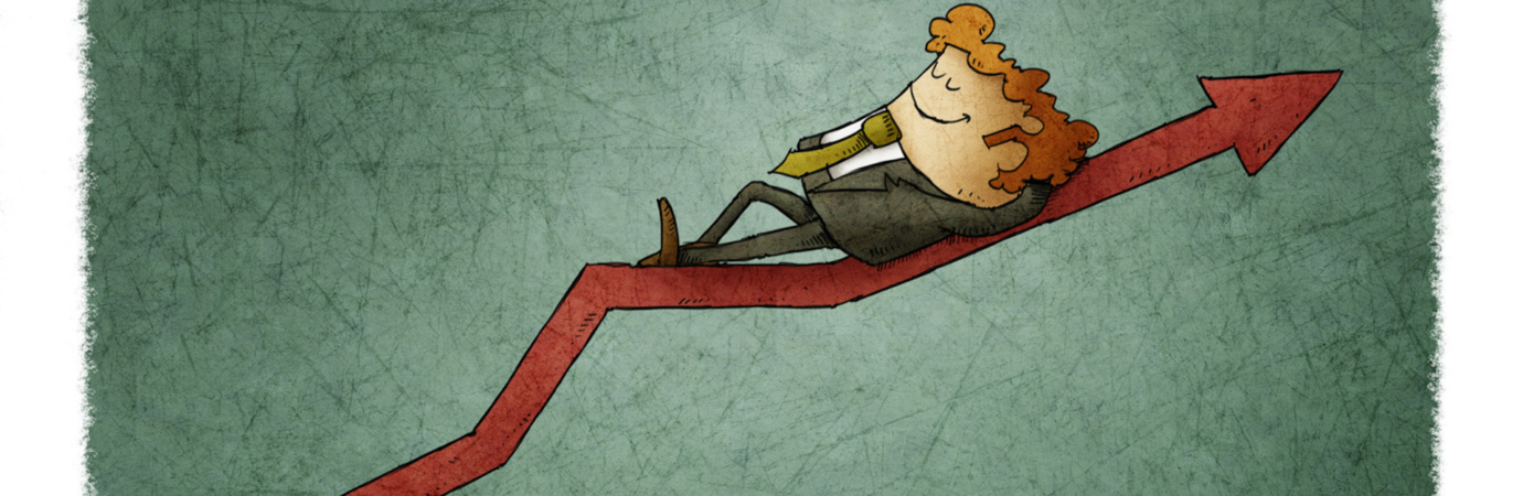 Relaxed smiling businessman lying on a graph going up. Concept of success