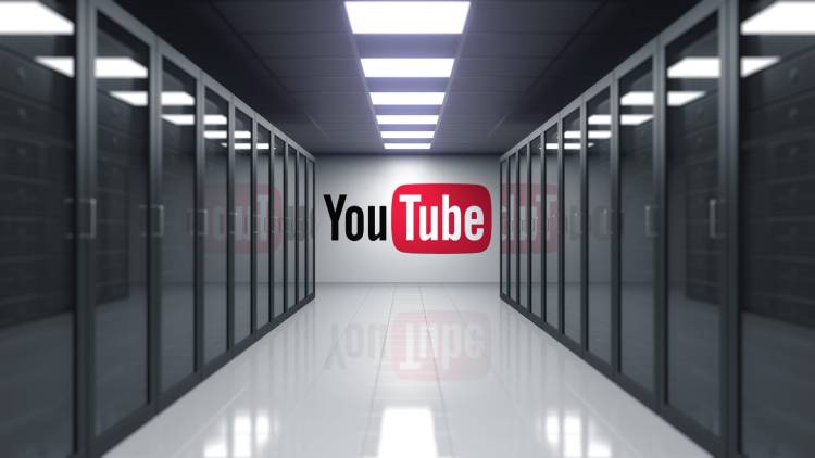 YouTube logo on the wall of the server room. Editorial 3D