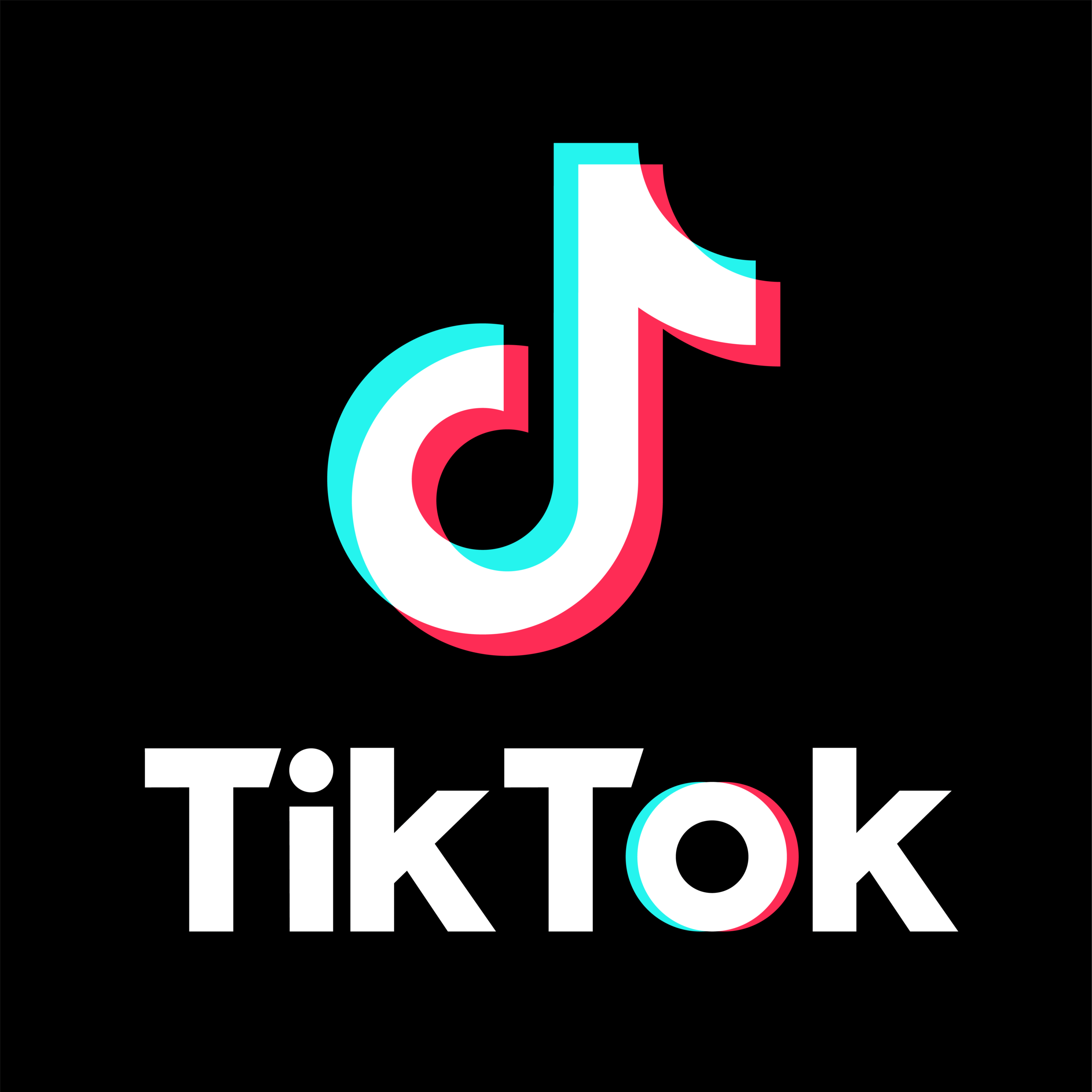 Logo TikTok na czarnym tle. Centralnie widoczny symbol nuty z efektem przesunięcia w kolorach cyan i różowym, nadającym trójwymiarowy efekt. Poniżej nazwa aplikacji „TikTok” napisana białą czcionką, z charakterystycznym kolorowym cieniowaniem litery „o”.