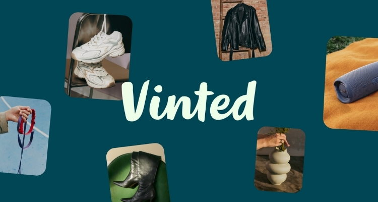 Grafika promująca zmiany na Vinted od 15 września przedstawiająca logo platformy Vinted na tle zdjęć różnych produktów dostępnych w sprzedaży online, takich jak obuwie sportowe, kurtka skórzana, głośnik, akcesoria i odzież.