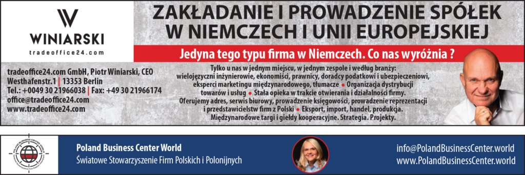 Reklama firmy tradeoffice24.com prezentująca ofertę zakładania i prowadzenia spółek w Niemczech i Unii Europejskiej. Na grafice widnieją dane kontaktowe firmy, informacje o kompleksowych usługach doradczych oraz wizerunki założycieli związanych z Poland Business Center World.
