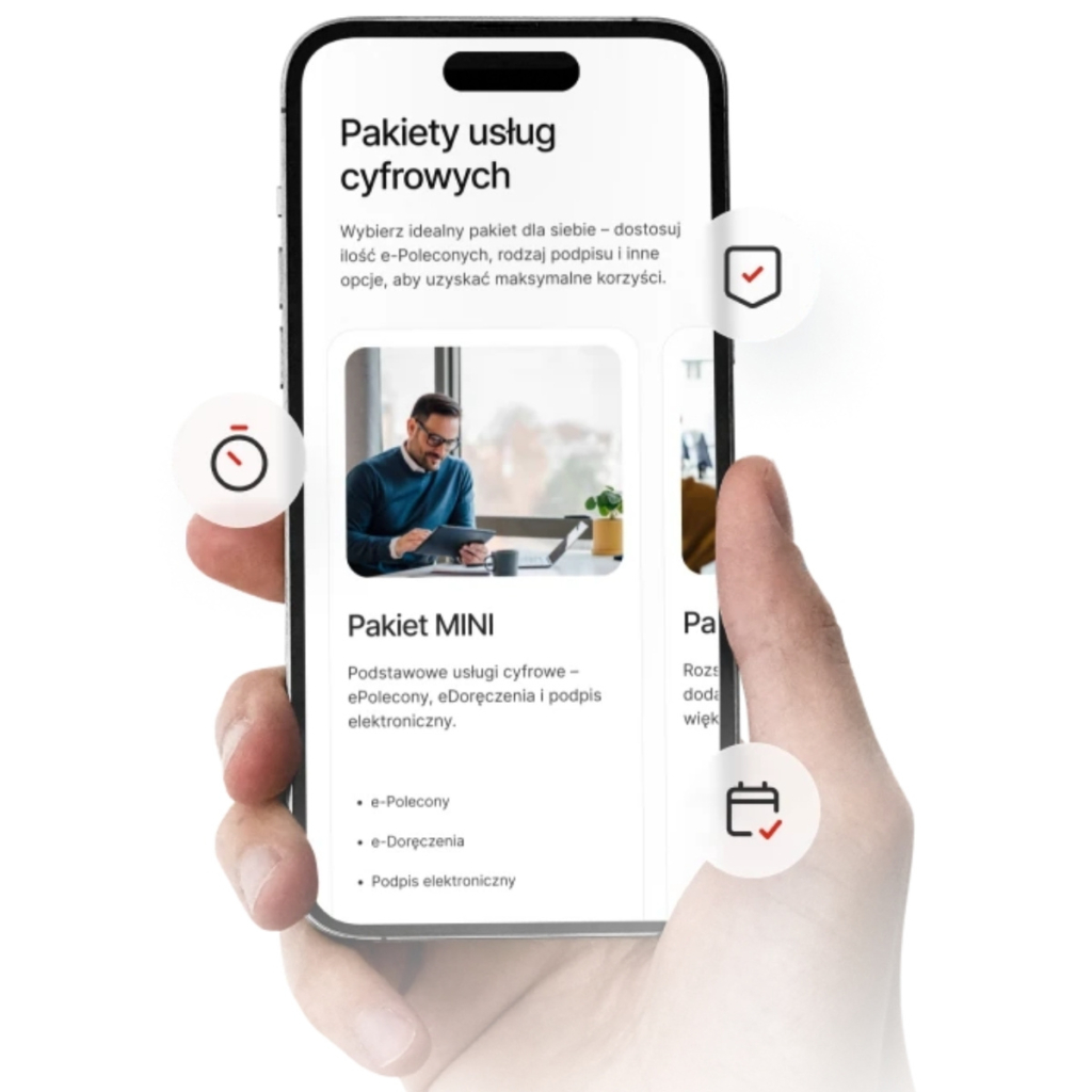 Ekran smartfona z ofertą Poczty Polskiej przedstawiający pakiet MINI w ramach usług cyfrowych, takich jak e-Polecony, e-Doręczenia i podpis elektroniczny, wspierających bezpieczne i szybkie cyfrowe doręczenia dla firm i klientów.
