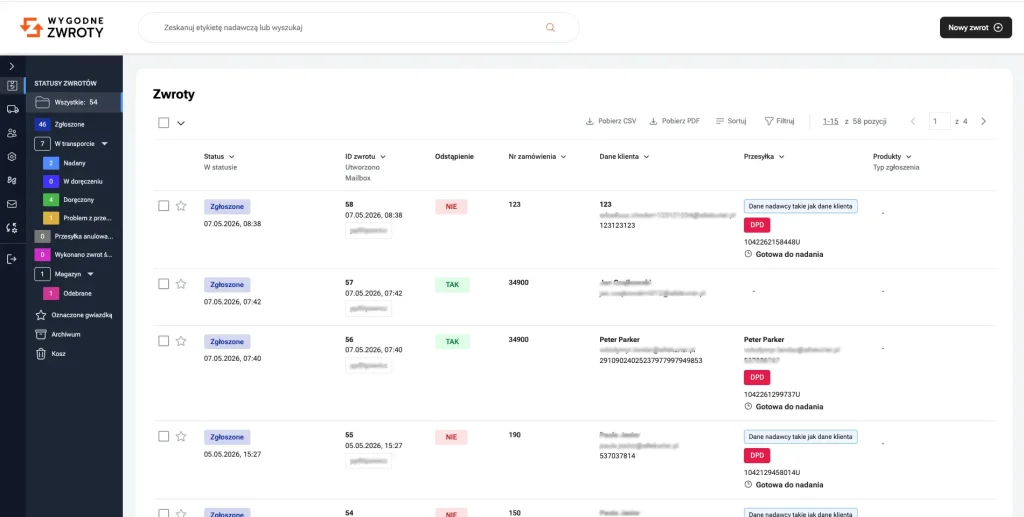 Panel online usługi Wygodne Zwroty – dane testowe